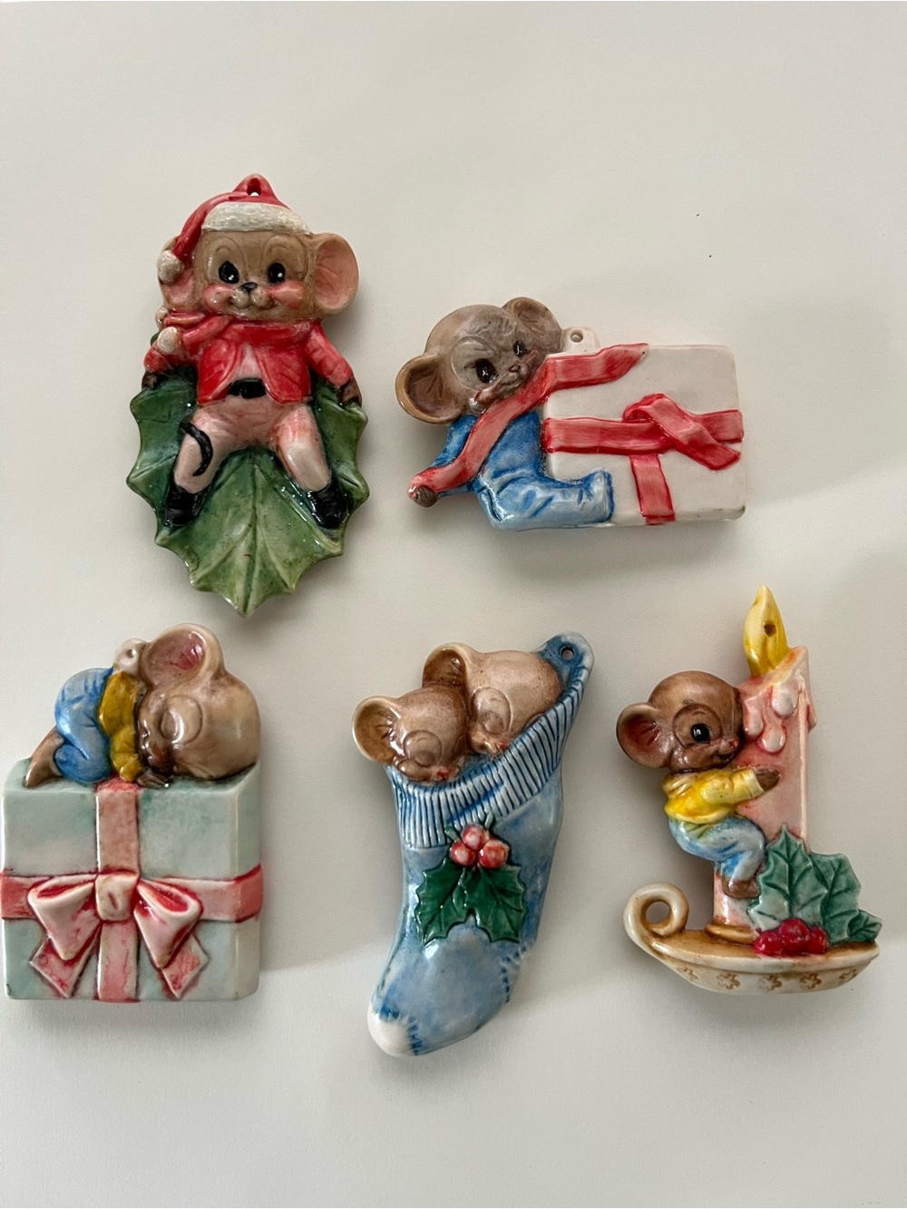 Vintage Ceramic Mouse Ornament Set in Red, Green, Blue